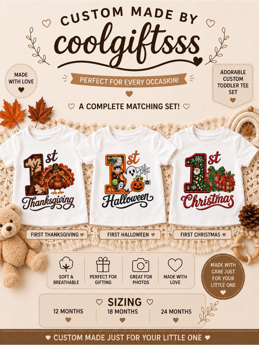White Kids '1st Holiday' Costume t-shirt- Christmas Thanksgiving Halloween Set